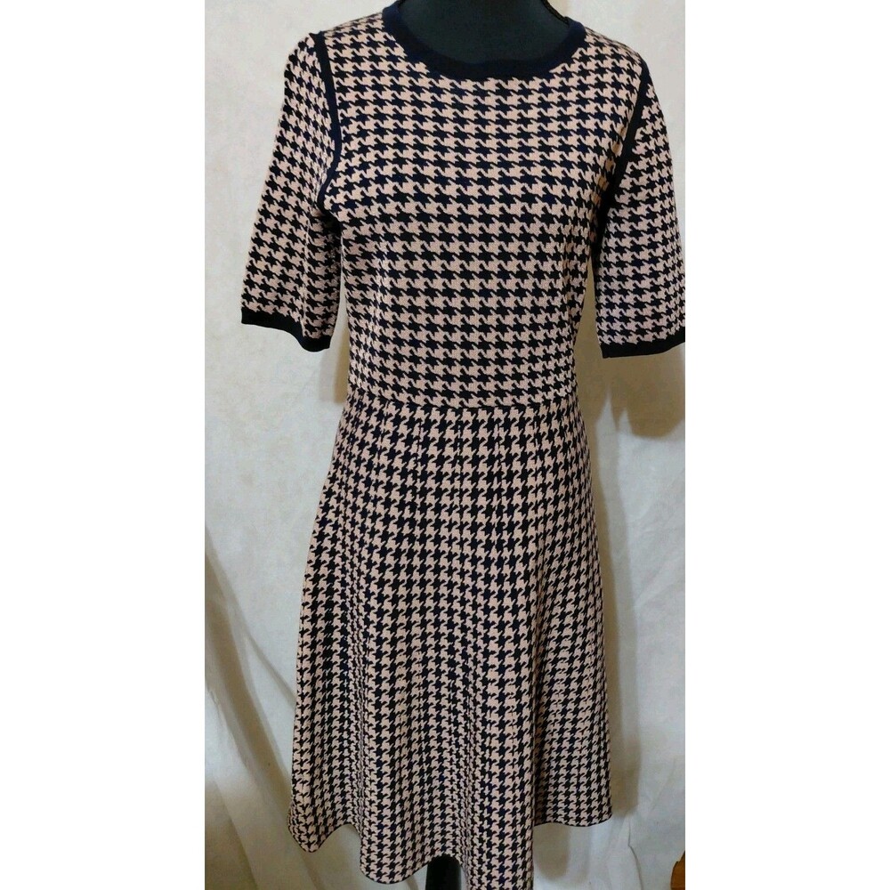 Ann Taylor Women's Small Houndstooth Pattern Black Stretchy A-Line Midi Dress